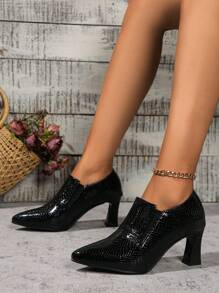 女士漆皮一脚蹬高跟鞋，尖头，粗跟，2024 年春夏时尚休闲鞋 - 黑色 - 查看 2