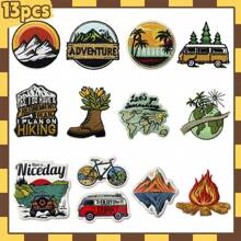 13pcs Mountain Landscape Embroidery Patches, Outdoor Element Travel Theme Iron-On Decals For DIY Backpack, Jacket, Hat, Jeans, Shoes Decoration