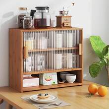 HOHOBLA LOYALHEARTDY-BTG Bamboo Countertop Storage Cabinet With 2 Sliding Striped Glass Doors, Kitchen Cabinet Pantry Sideboard Freestanding Utility Cupboard For Spice Seasoning Bottles, Dish, Bowl (Brown)[Best Gift For Family&Friends] - 卡其色 - 查看 3
