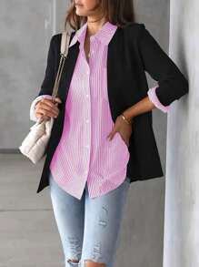 Women's Long Striped Long Sleeve Shirt - Pink - View 4