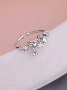 Nooxian 1pc Adjustable Silver Color Blooming Flower Micro Pave Zirconia Stone Ring For Women Valentines - Silver - View 3