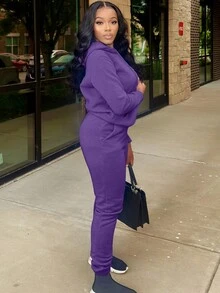 LovelyWholesale Women's Hooded Long Sleeve Pocket Solid Color Casual Daily Wear Top And Pants Set, Spring Outfit - Purple - View 3