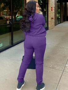 LovelyWholesale Women's Hooded Long Sleeve Pocket Solid Color Casual Daily Wear Top And Pants Set, Spring Outfit - Purple - View 4