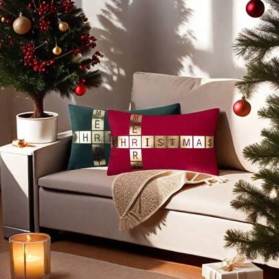 1pc/Set Teal Christmas Throw Pillow Covers Gold Xmas Decor Silver Golden Decorative Tree Snowflakes Reindeer Cushion Cases Tree Bronzing Home For Couch Sofa Bedroom 12x20