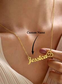 1PC Simple Stainless Steel Customized Name Necklace,Women's Silver Double Hollow Heart Pendant,45+5cm Chain Long Neck Chain Charms,Customized Jewelry,Valentine's Day Birthday Summer Vacation Accessories Gift - Gold - View 4