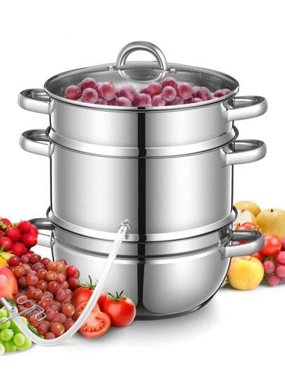 11 Quart Juice Steamer Stainless Steel, Fruit & Vegetables  Steamer Pot With Hose, Clamp, Lid, Loop Handles, Multipots Kitchen Cookware For Making Juice, Jelly, Sauces