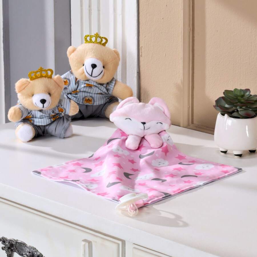 MeF Mae e Filho Baby Naninha Diaper Cloth With Animal And Pacifier Holder And Plush - Pink Moonlight - View 1