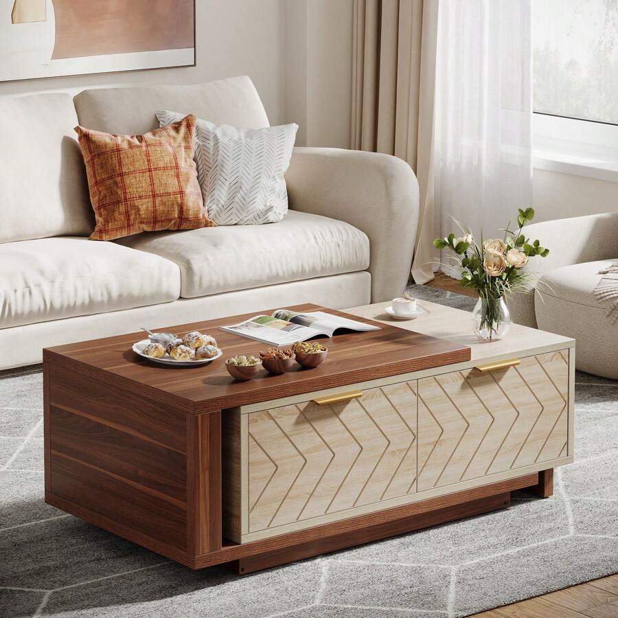 LITTLE TREE 2-Drawer Coffee Table With, Extendable Center Table With Sliding Tabletop, Wooden Rectangle Cocktail Table Multi-Functional Hidden Storage For Living Room, Walnut & Oak - Quả óc chó & gỗ sồi - Xem 1