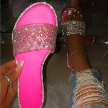Sparkly Diamond Women's Open-Toe Slippers - Comfortable And Stylish Sandals With Studded Diamante And Summer Flat Design In Soid Colors. - Màu Hồng Tươi - Xem 1