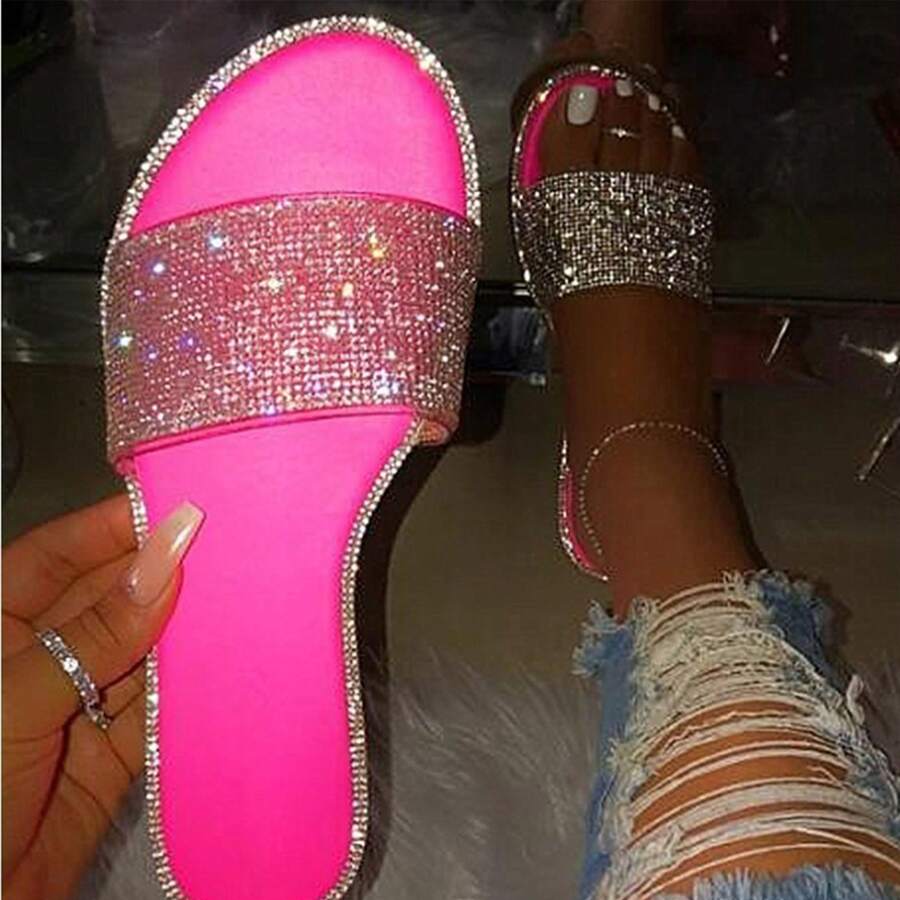 Sparkly Diamond Women's Open-Toe Slippers - Comfortable And Stylish Sandals With Studded Diamante And Summer Flat Design In Soid Colors. - Màu Hồng Tươi - Xem 1