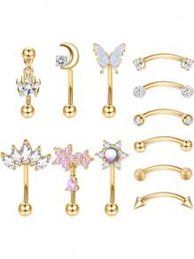 CASSIECA 1PC 车耳钉首饰车耳钉耳环男女款眉环 16G 不锈钢弧形杠铃吊坠 CZ 肚唇环软骨耳甲表面耳屏耳钉首饰 - 金色 - 查看 2