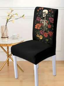 1pc Halloween Skeleton Printed Chair Cover, Full Chair Slipcover Seat Cover For Home, Dining Room, Removable & Washable - Multicolor - View 9