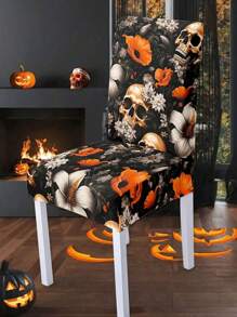 1pc Halloween Skeleton Printed Chair Cover, Full Chair Slipcover Seat Cover For Home, Dining Room, Removable & Washable - Multicolor - View 6
