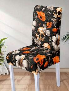 1pc Halloween Skeleton Printed Chair Cover, Full Chair Slipcover Seat Cover For Home, Dining Room, Removable & Washable - Multicolor - View 7