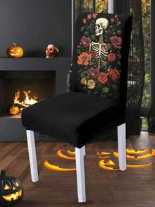1pc Halloween Skeleton Printed Chair Cover, Full Chair Slipcover Seat Cover For Home, Dining Room, Removable & Washable - Multicolor - View 8