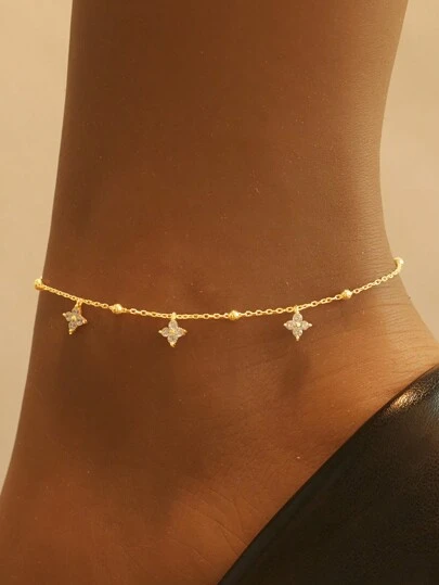 SYMFNY 1pc 925 Sterling Silver Simple Design Beaded Chain Lucky Four-Leaf Clover Anklet, Suitable For Outings, Photo Shoots, And Daily Wear Valentines