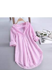 Women's Long Striped Long Sleeve Shirt - Pink - View 6