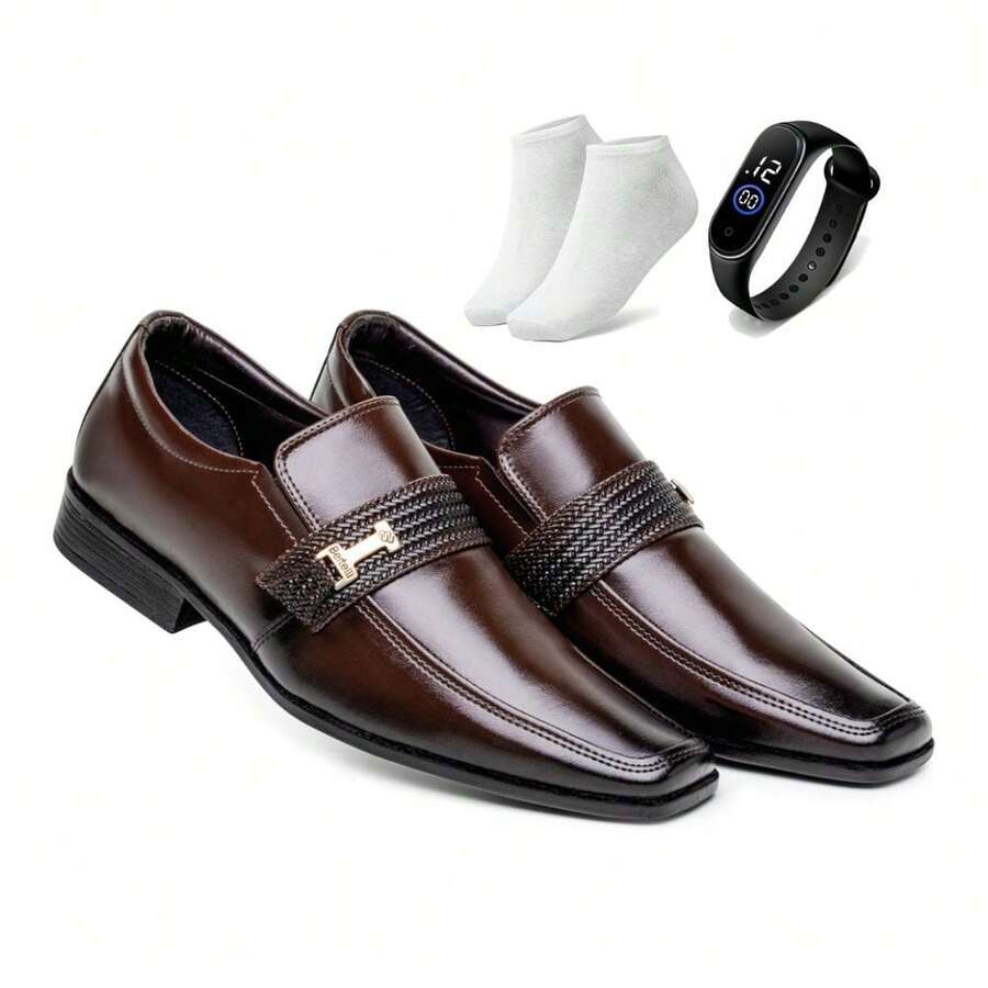 Basic Men's Dress Shoes Kit Comfort Orthopedic Soft Elegant Casual + Watch And Sock - 咖啡棕 - 查看 1