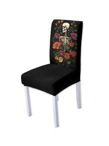 1pc Halloween Skeleton Printed Chair Cover, Full Chair Slipcover Seat Cover For Home, Dining Room, Removable & Washable - Multicolor - View 13