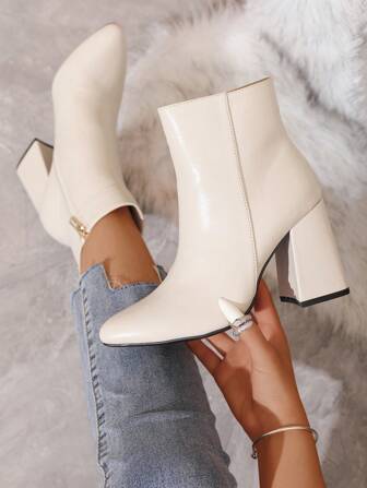 Timesize Botas de color albaricoque para mujer para otoño/invierno, botas cortas, botas de moda para el tobillo, que combinan con vaqueros, botas de tacón grueso, botas de tacón extra alto, botas beige