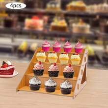 CNCEST 4 件 4 层零售展示架 乡村风格零售展示架 分级桌面展示架 纸杯蛋糕甜点架 支架 阶梯式储物整理架 适用于商店，木色蛋糕架 - 木材顏色 - 查看 1