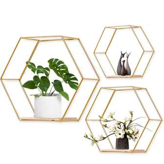 1/3pcs Wall Mounted Hexagonal Floating Shelves, Modern Metal Wall Shelf, Simple Wood Partition Bathroom Storage Shelves, Wall Decor Rack For Bedroom, Living Room, Kitchen And Office Fall Home Decor  Room Decor