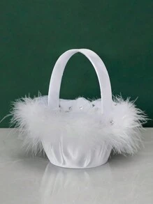 1pc Wedding Flower Girl Basket Mini Lace, Feather, And Flower Basket With Handle For Wedding, White Lace Flower Basket Used As Photography Prop And Wedding Accessories Jewelry Flower Basket - Multicolor - View 14