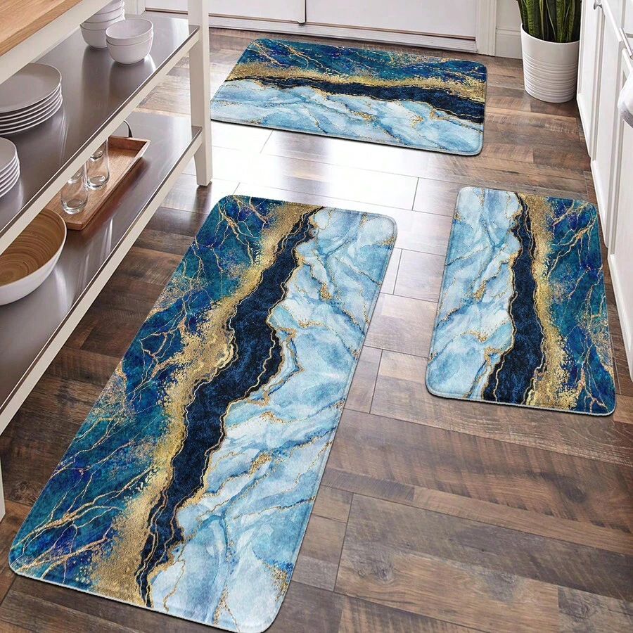 1pc Soft Plush Surface Anti-Fatigue Mat, Modern Luxury Blue Marble Pattern Rug, Comfortable For Bathroom, Kitchen, Entryway, Hallway