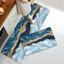 1pc Soft Plush Surface Anti-Fatigue Mat, Modern Luxury Blue Marble Pattern Rug, Comfortable For Bathroom, Kitchen, Entryway, Hallway - Blue - View 10