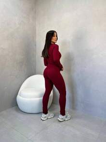 Women's Long Sleeve Round Neck Jumpsuit - 酒紅色 - 查看 3