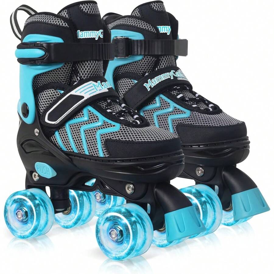 Roller Skates For Boys And Girls, 4 Sizes Adjustable Skates For Kids Youth With All Light Up Wheels Beginners Quad Skates - Z-teal - View 1