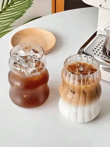 1PC Clear Wave Textured Glass Drinking Cup Set For Iced Coffee And Cocktails, Modern Style Ripple Design Glass, Unique Asymmetric Shape, Suitable For Home And Party Use, Lead-Free Glassware, Comfortable Grip, Perfect For Cold Drinks, Can Be Purchased As A Set Or Individually, With Optional Glass Straw. - Multicolor - View 3