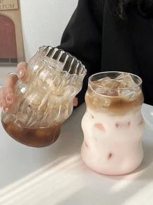 1PC Clear Wave Textured Glass Drinking Cup Set For Iced Coffee And Cocktails, Modern Style Ripple Design Glass, Unique Asymmetric Shape, Suitable For Home And Party Use, Lead-Free Glassware, Comfortable Grip, Perfect For Cold Drinks, Can Be Purchased As A Set Or Individually, With Optional Glass Straw. - Multicolor - View 8