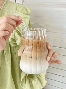 1PC Clear Wave Textured Glass Drinking Cup Set For Iced Coffee And Cocktails, Modern Style Ripple Design Glass, Unique Asymmetric Shape, Suitable For Home And Party Use, Lead-Free Glassware, Comfortable Grip, Perfect For Cold Drinks, Can Be Purchased As A Set Or Individually, With Optional Glass Straw. - Multicolor - View 11