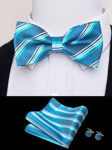 AlanKing 1set Premium Striped Bow Tie, Pocket Square, Cufflinks Suit Accessories Gift Set For Men Men Necktie