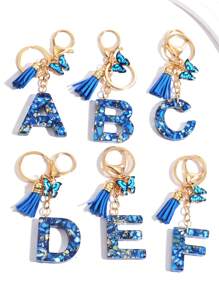 1 mặt dây chuyền móc khóa hình chữ cái màu xanh dễ thương, phụ kiện tua rua và bướm thời trang trang trí bảng chữ cái móc khóa quyến rũ, ví, ví, túi móc khóa trang trí cho phụ nữ, mặt dây chuyền móc khóa xe hơi, một món quà tuyệt vời cho bạn bè - vỏ màu xanh - Xem 2