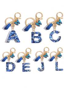 1 mặt dây chuyền móc khóa hình chữ cái màu xanh dễ thương, phụ kiện tua rua và bướm thời trang trang trí bảng chữ cái móc khóa quyến rũ, ví, ví, túi móc khóa trang trí cho phụ nữ, mặt dây chuyền móc khóa xe hơi, một món quà tuyệt vời cho bạn bè - vỏ màu xanh - Xem 5