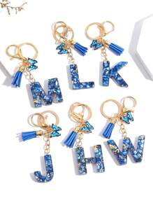 1 mặt dây chuyền móc khóa hình chữ cái màu xanh dễ thương, phụ kiện tua rua và bướm thời trang trang trí bảng chữ cái móc khóa quyến rũ, ví, ví, túi móc khóa trang trí cho phụ nữ, mặt dây chuyền móc khóa xe hơi, một món quà tuyệt vời cho bạn bè - vỏ màu xanh - Xem 3