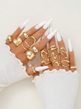 15pcs Set Exaggerated Asymmetrical Fluid Design Rings For Women, Daily Wear, Casual, Date, Birthday Gift