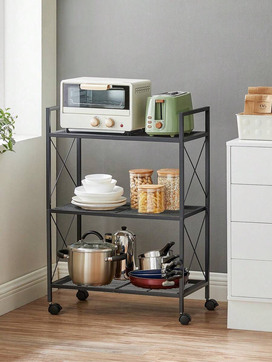 SONGMICS 3-Tier Metal Storage Rack With Wheels, Mesh Shelving Unit With X Side Frames, 23.6-Inch Width, For Entryway, Kitchen, Living Room, Bathroom, Industrial Style, Black - màu đen - Xem 1