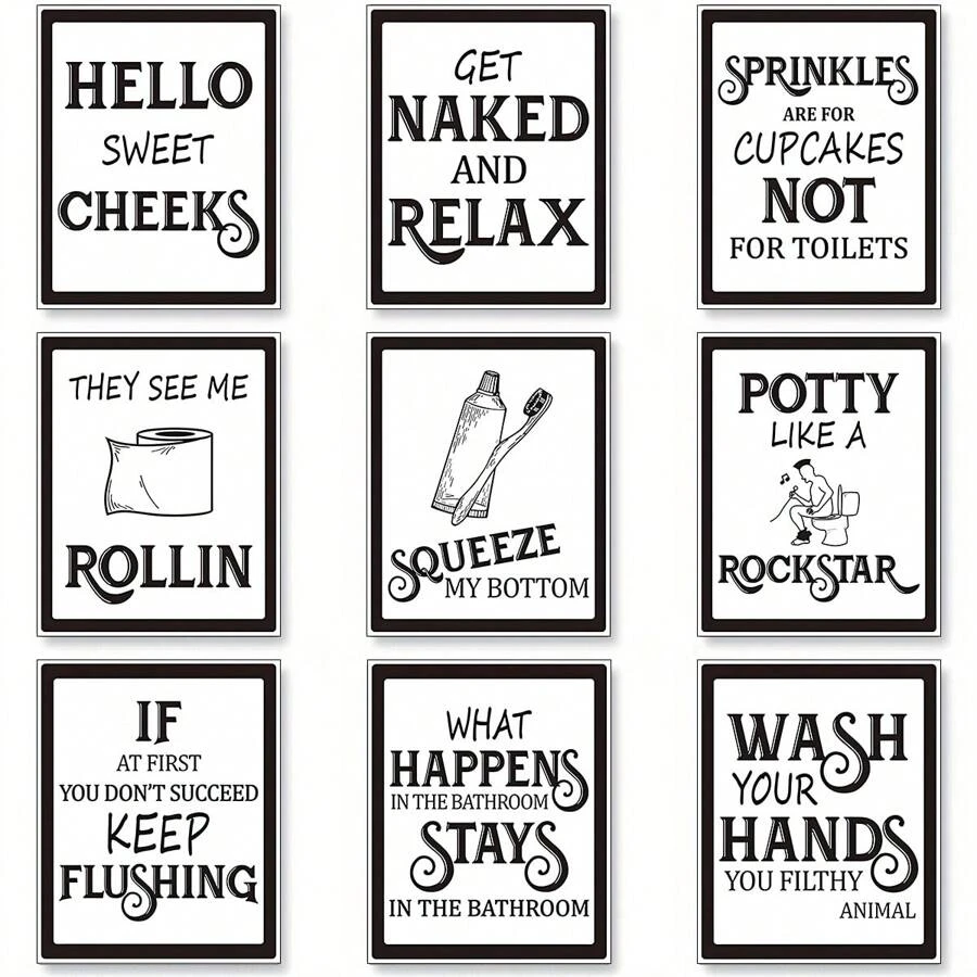 9 件/套浴室墙壁装饰、有趣的复古浴室标志海报、浴室引言艺术印刷品、浴室墙壁海报、浴室浴室装饰图片、“无框”海报、墙壁艺术、房间装饰用品、帆布 - 彩色 - 查看 1
