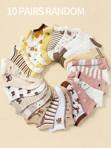 3/6/10/20/30 双女式短袜，带有可爱的熊和蜜蜂图案，柔软舒适的休闲时尚袜子，款式随机搭配 - 彩色 - 查看 7
