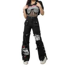 Women Gothic Cargo Pants Punk Loose Low Waist Trousers Wide Leg Baggy Jeans Harajuku Streetwear(Belt Not Included) - màu đen - Xem 3