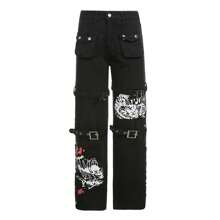 Women Gothic Cargo Pants Punk Loose Low Waist Trousers Wide Leg Baggy Jeans Harajuku Streetwear(Belt Not Included) - màu đen - Xem 6