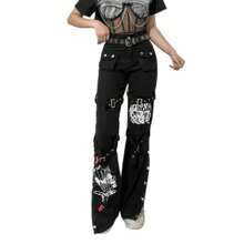 Women Gothic Cargo Pants Punk Loose Low Waist Trousers Wide Leg Baggy Jeans Harajuku Streetwear(Belt Not Included) - màu đen - Xem 4