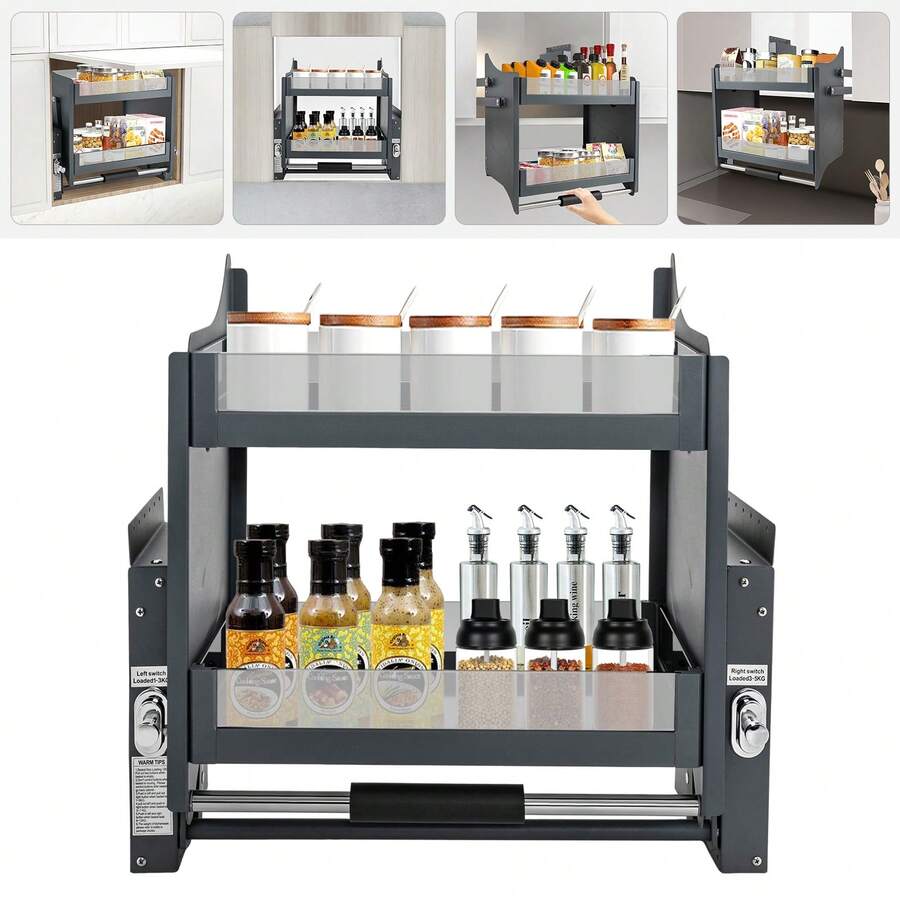2-Tier Pull Down Shelf Upper Kitchen Wall Cabinet Storage Organizer (24inch Cabinet) Pull-Out Sliding Shelf Cabinet Shelf Drop Down Shelf Pull-Down Cabinet - Black - View 1