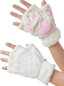 1 Coppia Guanti invernali carini a forma di zampa di gatto per signora, guanti con dita esposte a forma di gatto dei cartoni animati, guanti mezze dita morbidi e peluche a forma di zampa d orso - Multicolore - Visualizzare 1