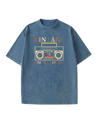 男士休闲字母胶带印花圆领短袖复古水洗 T 恤，夏季