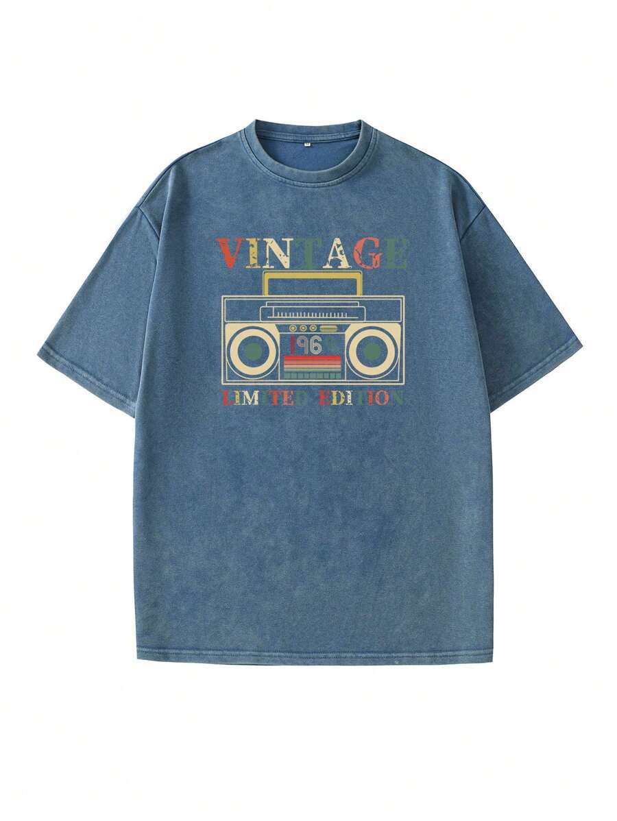 Hemo, Hemo, Men's Summer Letter Tape Print Round Neck Short Sleeve Casual Distressed Washed T-Shirt - Blue - View 1