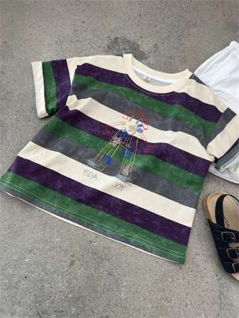 男童夏季扎染彩色条纹手绘短袖T恤，街头涂鸦风格